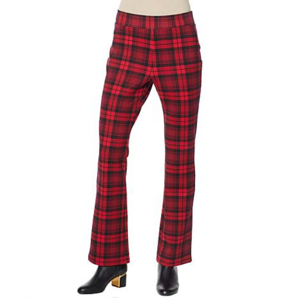 NWT IMAN Global Chic 360 Slim Ponte Boot-Cut Pants RED PLAID Plus Size New